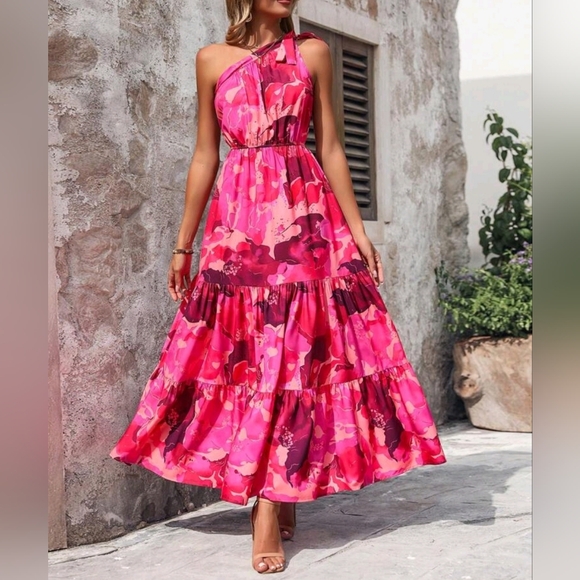 Kenny One Shoulder Tiered Floral Maxi Dress Pink